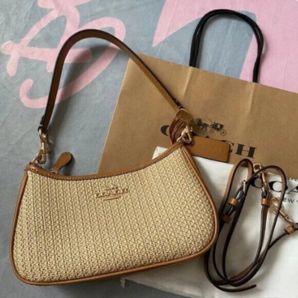 NWT Coach Teri 2way Shoulder Bag Crossbody Straw/Leather Latte CR350 - Picture 1 of 5